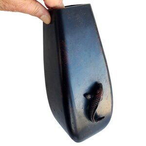 Japanese Decorative Metal Tall Vase Koi Fish Applied Relief Design 9" Tall